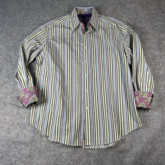 Robert Graham Shirt Mens XL Striped Flip Cuff Paisley Silk Cotton Button Down - Picture 1 of 10